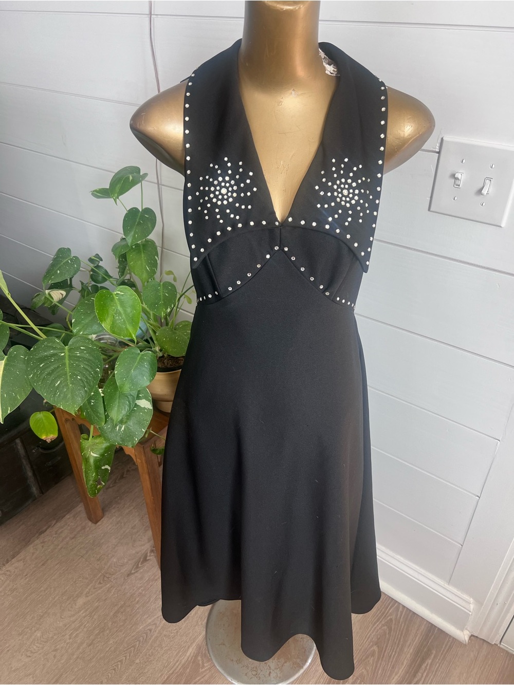 Vintage Black Studded/Rhinestone V-Neck Halter Disco Dress Halloween Whimsygoth